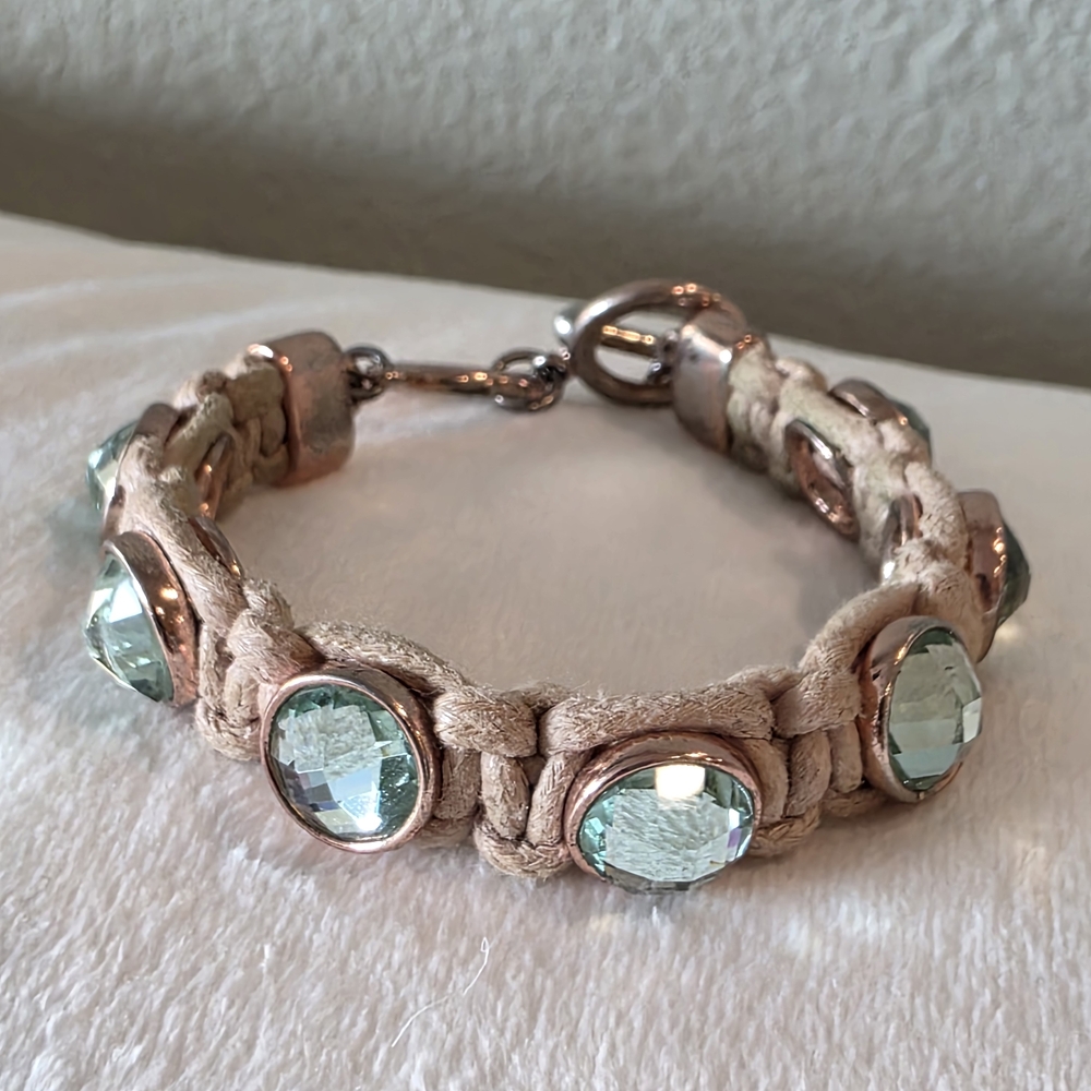 Tan Bracelet with Green Gem Accents - Picture 1 of 12